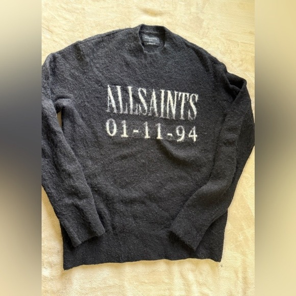 AllSaints Black Distressed Graphic Knit Sweater 01 11 94 Oversized Fit Men Small - Picture 2 of 7